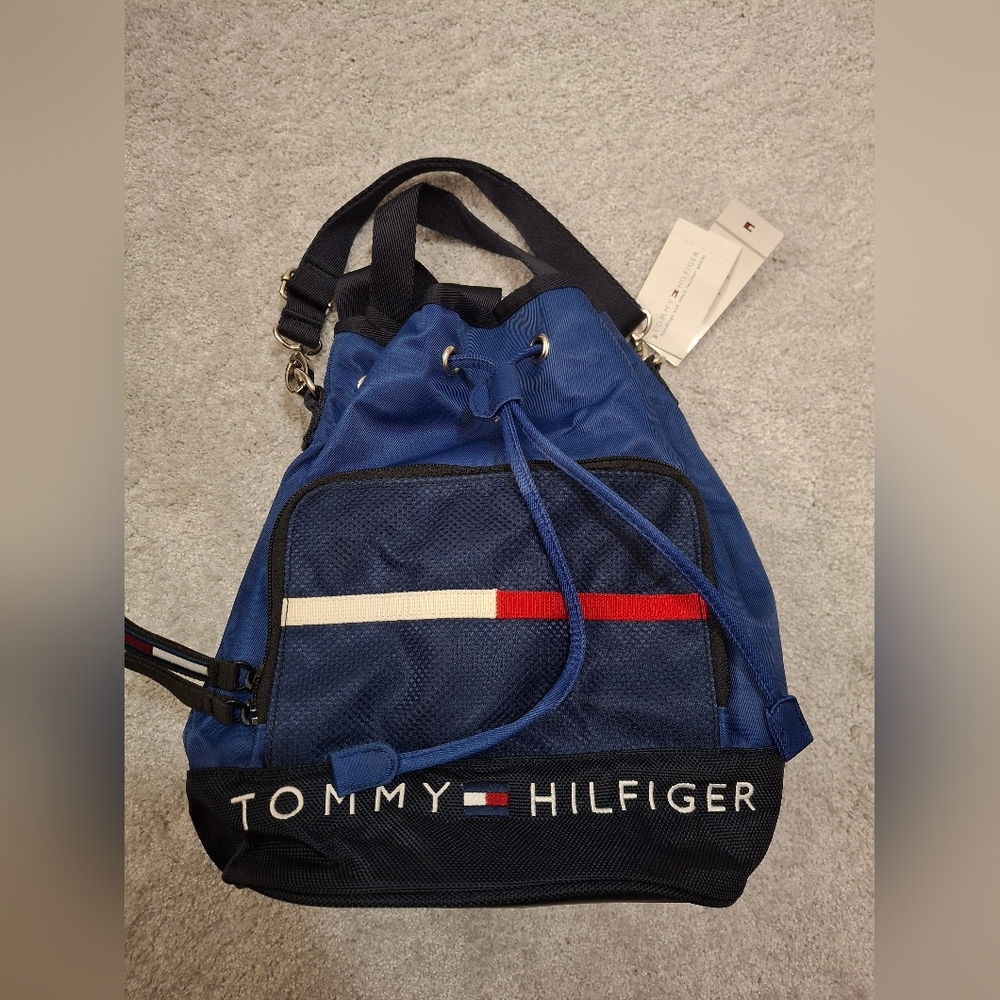 Tommy Hilfiger Blue Navy Red White Logo Drawstring Backpack Purse